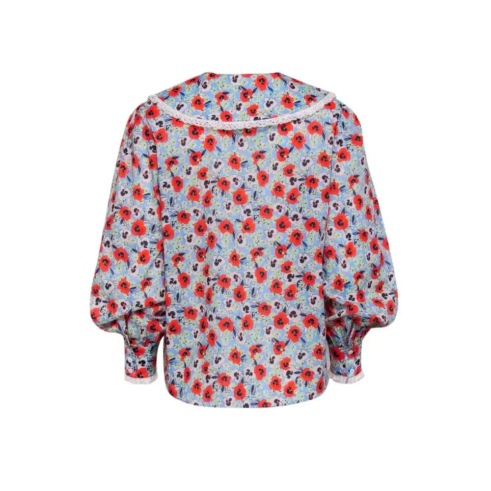 Rixo - Blue Floral Print Peasant Collar Button Up Shirt Sz S